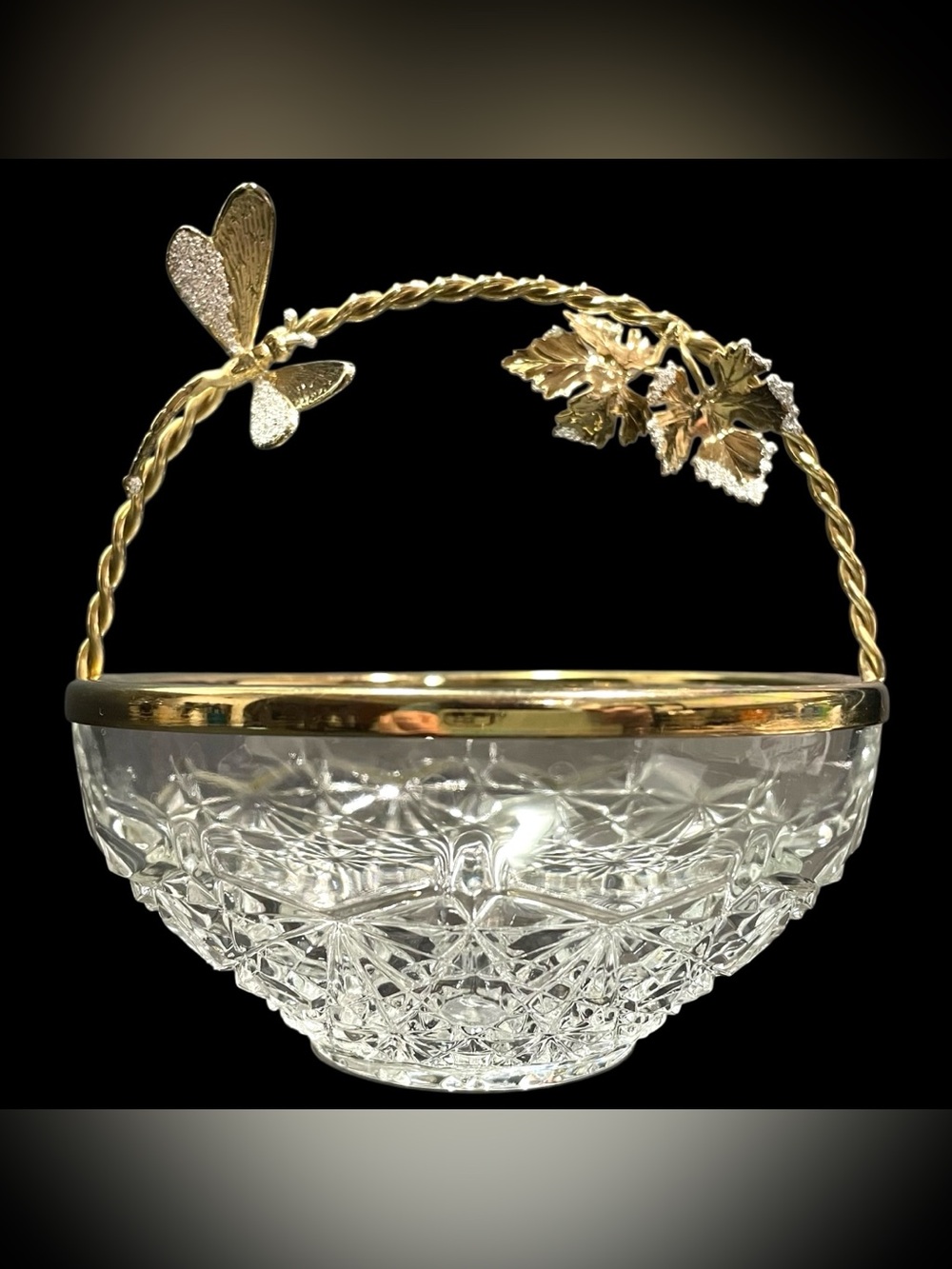 Vintage 1980s Crystal Clear Decorative Bowl with Golden Handle Applied Butterfly